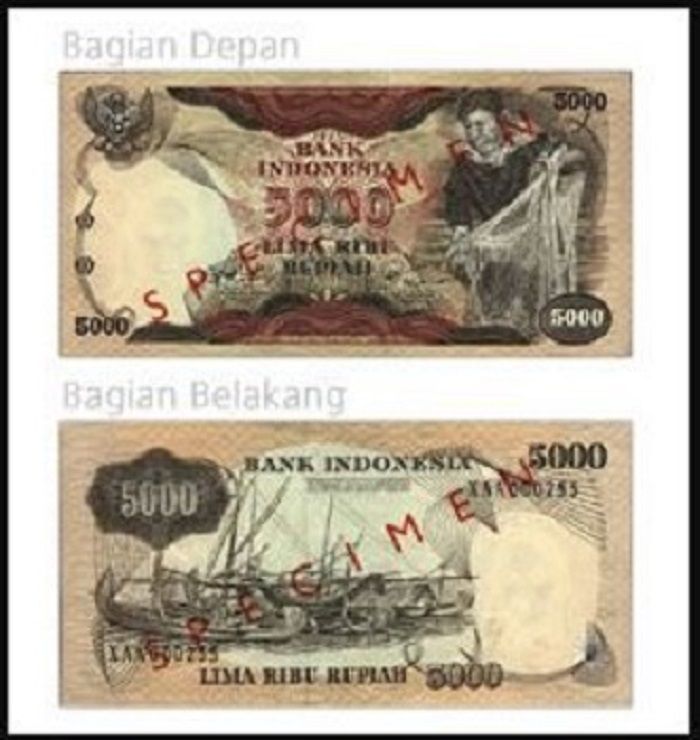 Uang pecahan 3. Rp 5.000/TE 1975 (bergambar nelayan dan kapal)