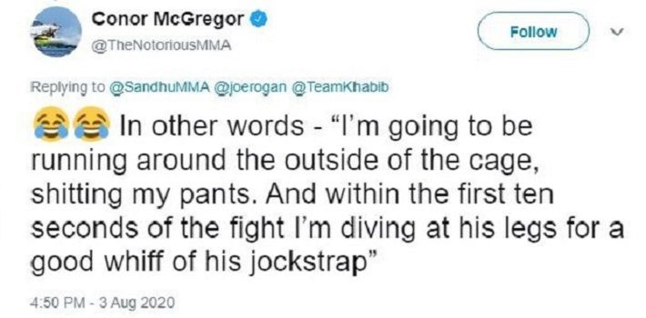 CUITAN Conor McGregor menjelang pertandingan antara Khabib Nurmagomedov dan Justin Gaethje yang sudah dihapus.*