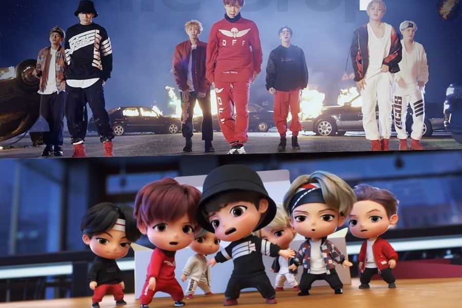 BTS dan karakter TinyTAN menggunakan busana dalam video musik Mic Drop.*