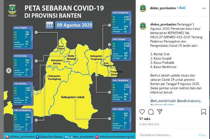 Tangkapan layar peta risiko Covid-19 di akun Instagram Dinkes Provinsi Banten, 9 Agustus 2020.