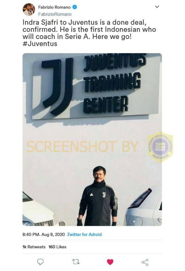 Klaim bahwa Indra Sjafri ditunjuk sebagai pelatih baru Juventus menggantikan Maurizio Sarri adalah tidak benar. Sementara foto yang memperlihatkan Indra Sjafri berada di Juventus adalah ketika dirinya diberikan kesempatan belajar ke Juventus pada akhir 2018 lalu.*