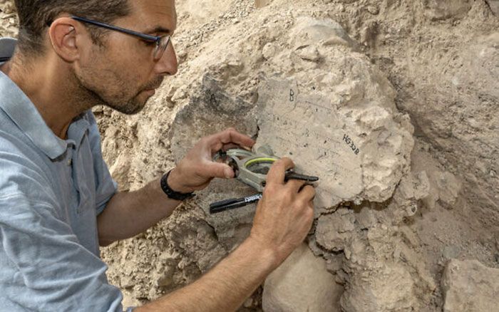 Mahasiswa PhD TAU, Yoav Vaknin mengukur lantai yang runtuh selama penghancuran Yerusalem tahun 586 SM oleh orang Babilonia saat penggalian di City of David Park di Yerusalem. (Shai Halevi / Israel Antiquities Authority)