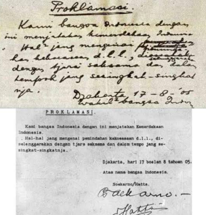 NASKAH Proklamasi tulisan tangan Soekarno dan Naskah Proklasi ketikan Sayuti Melik.*