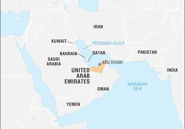 Peta wilayah Uni Emirat Arab.