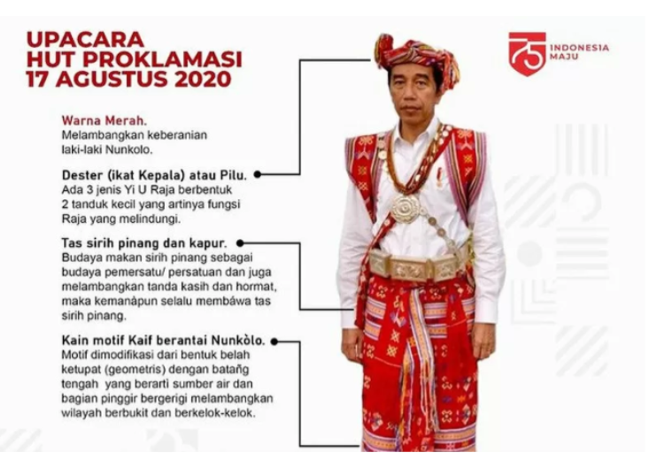 Presiden Joko Widodo mengenakan baju adat Kabupaten Timor Tengah Selatan (TTS), Nusa Tenggara Timur (NTT), pada Upacara Peringatan Kemerdekaan RI ke-75 tahun di Istana Merdeka, Jakarta, Senin 17 Agustus 2020.*/ANTARA/Setkab