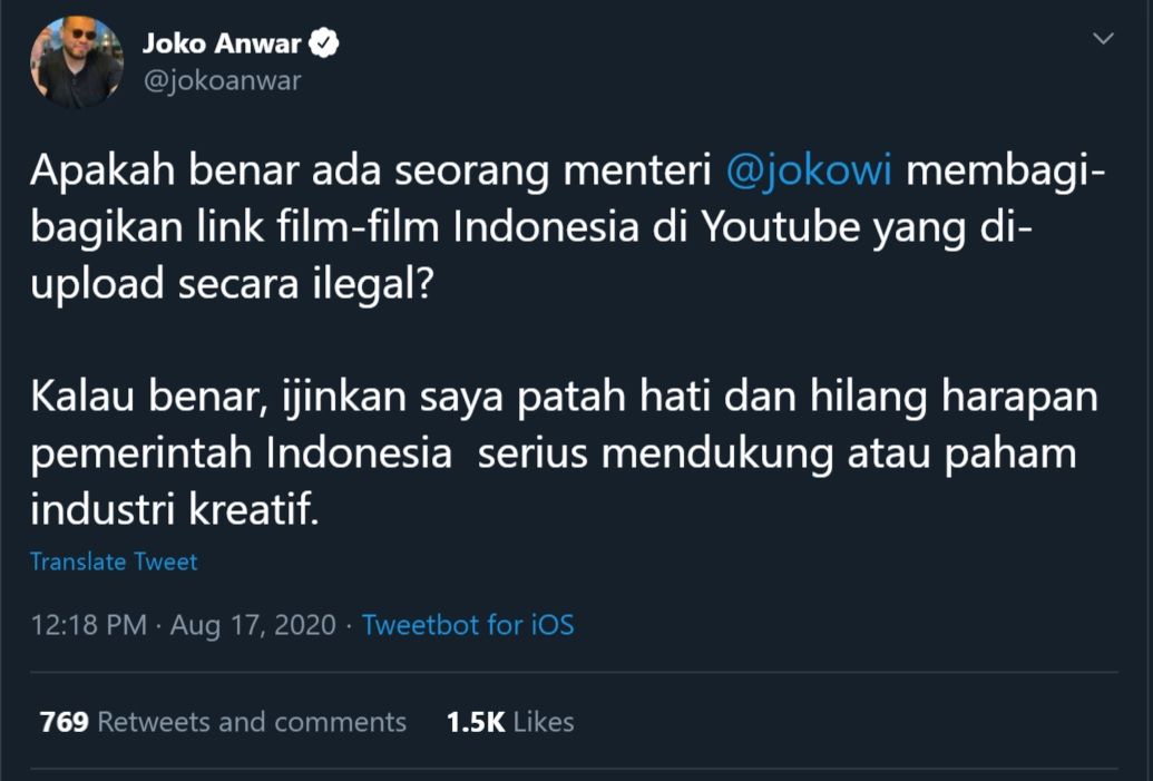 Utas sutradara Joko Anwar terkait tindakan salah satu Menteri Kabinet Indonesia Maju Jokowi yang menunggah link film Indonesia ke Youtube.