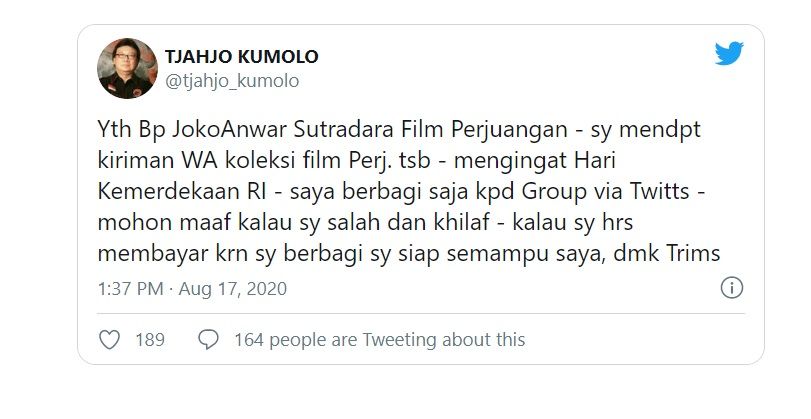 Permintaan maaf Menpan RB Tjahjo Kumolo setelah membagikan link film Indonesia ke Youtube.