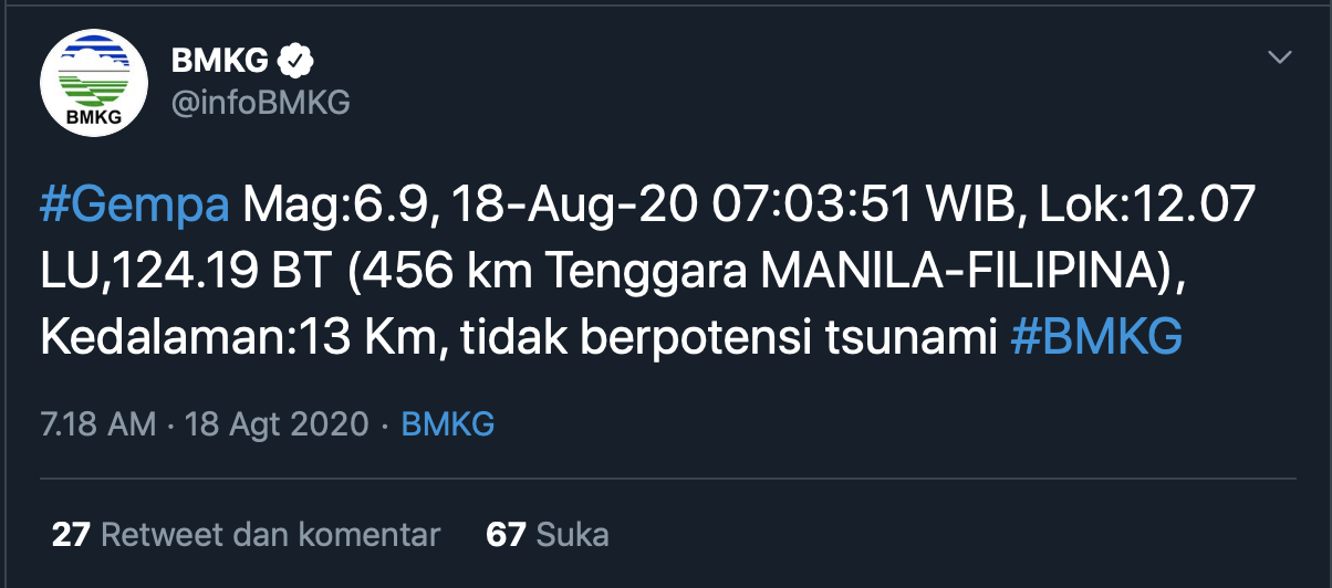 Postingan Twitter BMKG soal gempa bumi di Filipina. (Twitter/@infoBMKG)