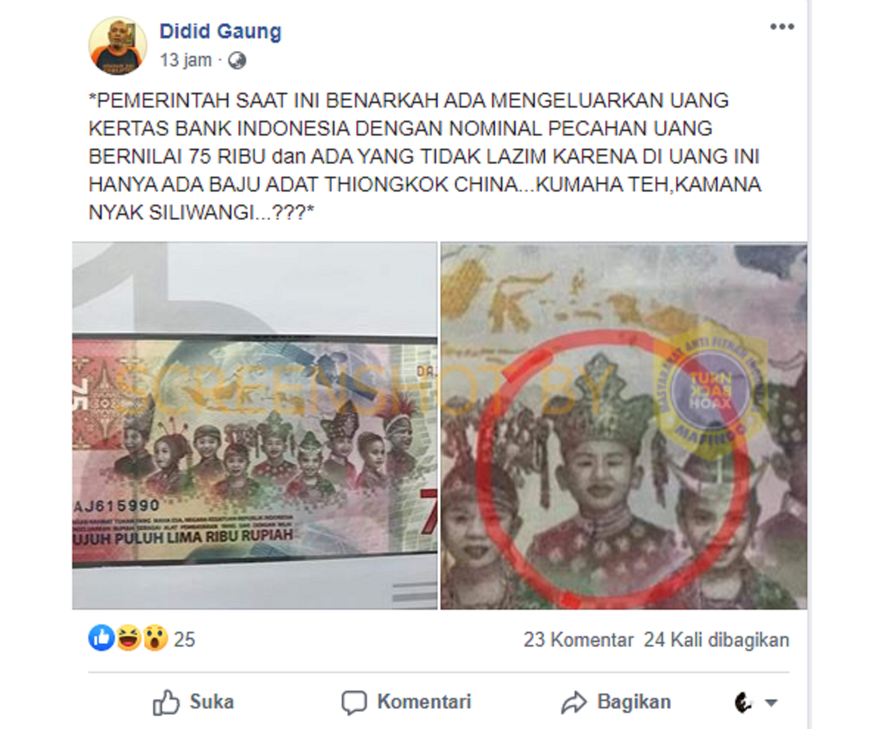 tangkap layar postingan salah satu pengguna facebook yang menyatakan ada baju adat china di dalam gambar uang pecahan Rp 75 ribu.