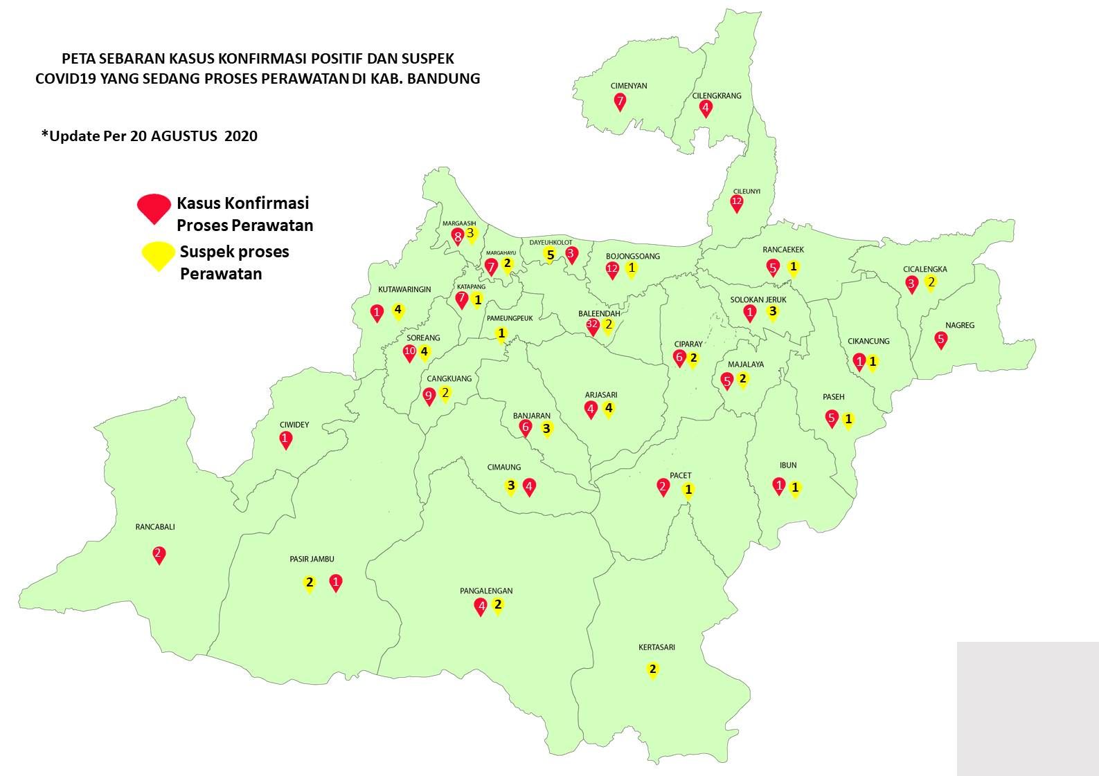 Peta sebaran kasus Covid-19 di Kabupaten Bandung per Kamis 20 Agustus 2020.*