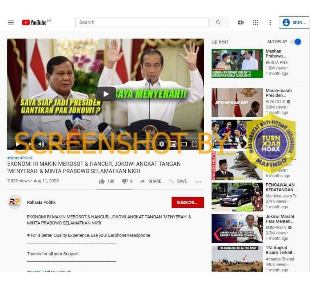 Tangkapan layar klaim yang menyebut Presiden Joko Widodo menyerah dan minta Prabowo Subianto menyelamatkan Indonesia.