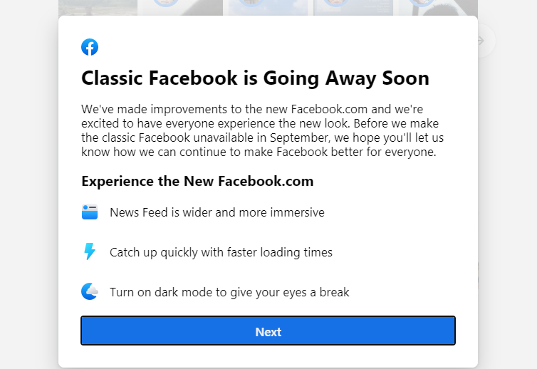 Notifikasi Facebook terkait desain baru versi web.*