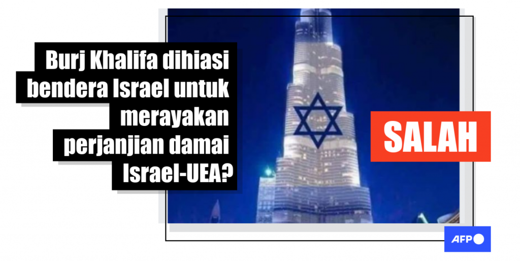 Konten manipulasi yang diklaim bahwa Burj Khalifa dihiasi dengan bendera Israel.
