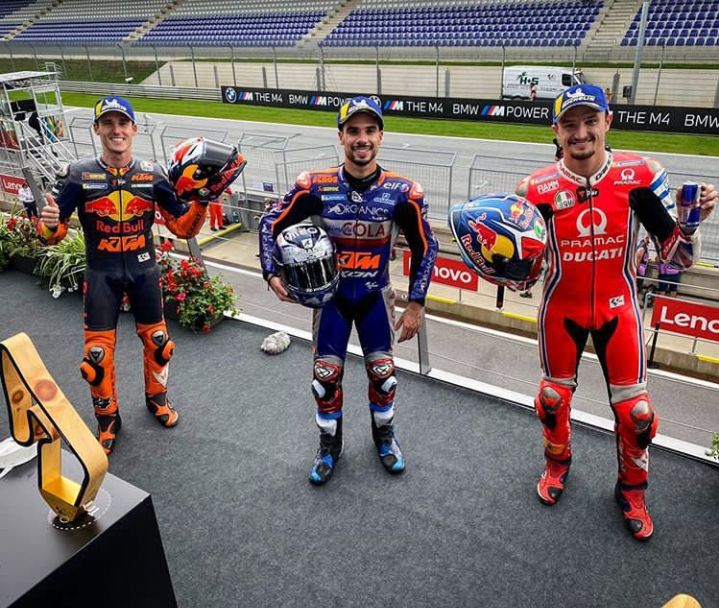 Pemenang MotoGP Styria 2020 di Red Bull Ring. Pol Espargaro KTM (Kiri), Miguel Oliveira KTM (Tengah), Jack Miller Ducati (Kanan)/Sumber: Instagram @motogp