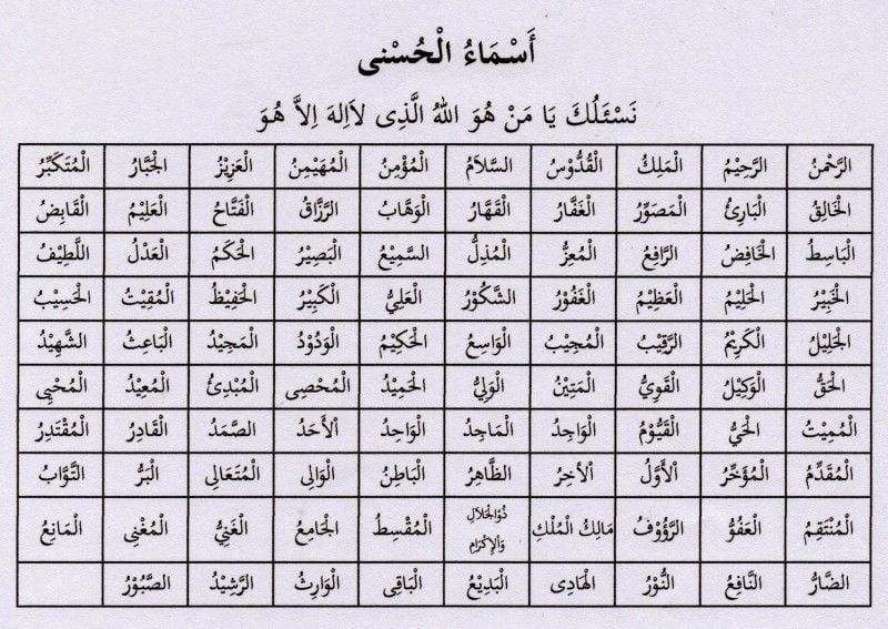 Asmaul husna bacaan Teks Arab