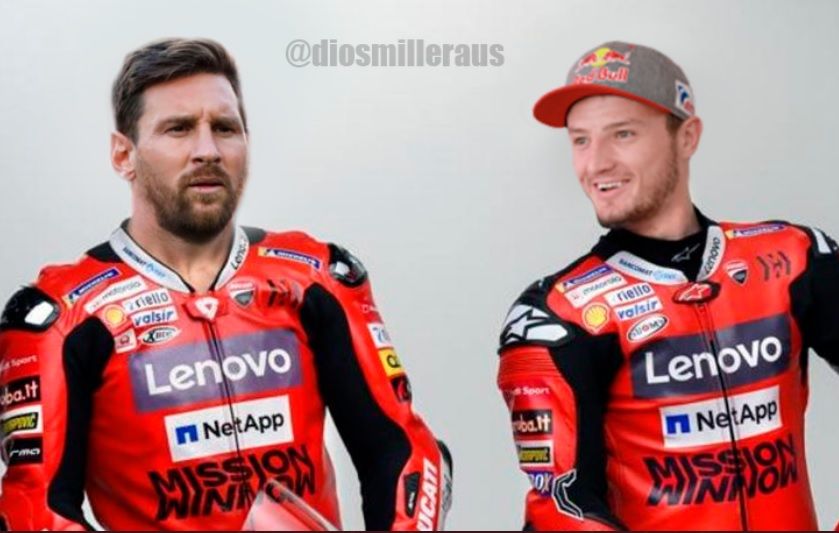 Messi mengenakan racing suit Tim Ducati. (twitter.com/diosmilleraus)
