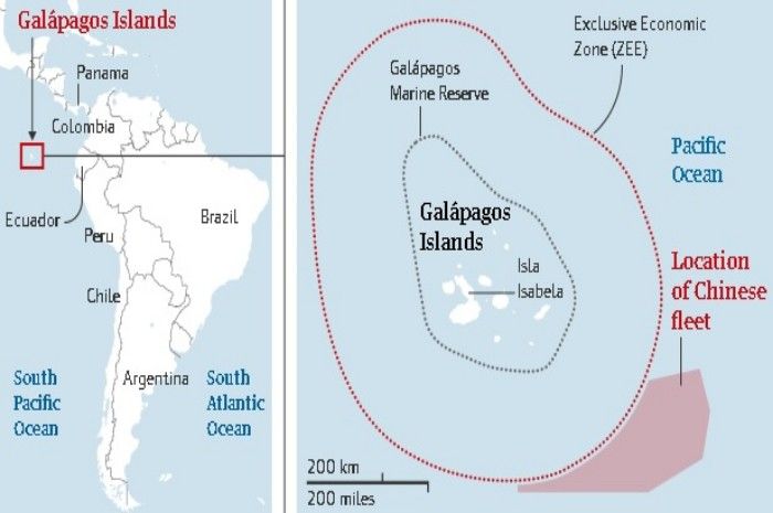 Ilustrasi perbatasan di Kepulauan Galapagos dan lokasi armada penangkap ikan Tiongkok.