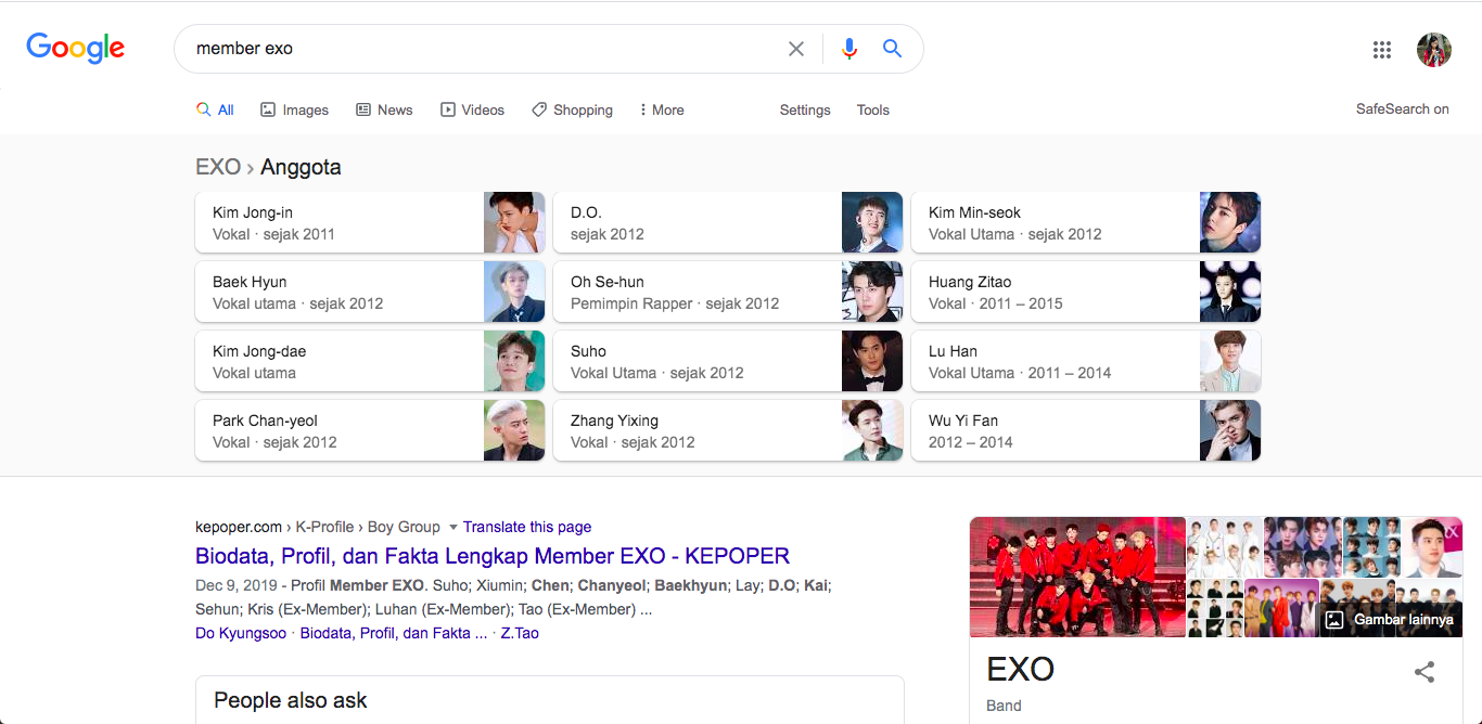 Nama Chen EXO sudah muncul dalam daftar member EXO di Google.