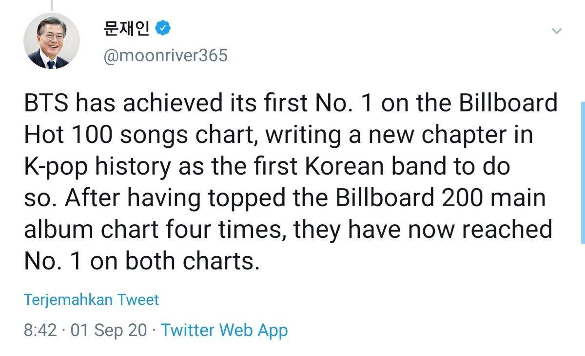 Ucapan selamat Presiden Korea Selatan, Moon Jae-in atas pencapaian BTS di puncak Billboard Hot 100