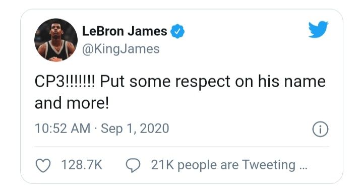Cuitan yang ditulis oleh LeBron James yang memberikan pujian pada Chris Paul setelah pertandingan.