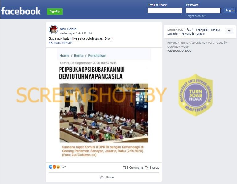 Tangkapan layar informasi hoaks yang beredar di media sosial Facebook.