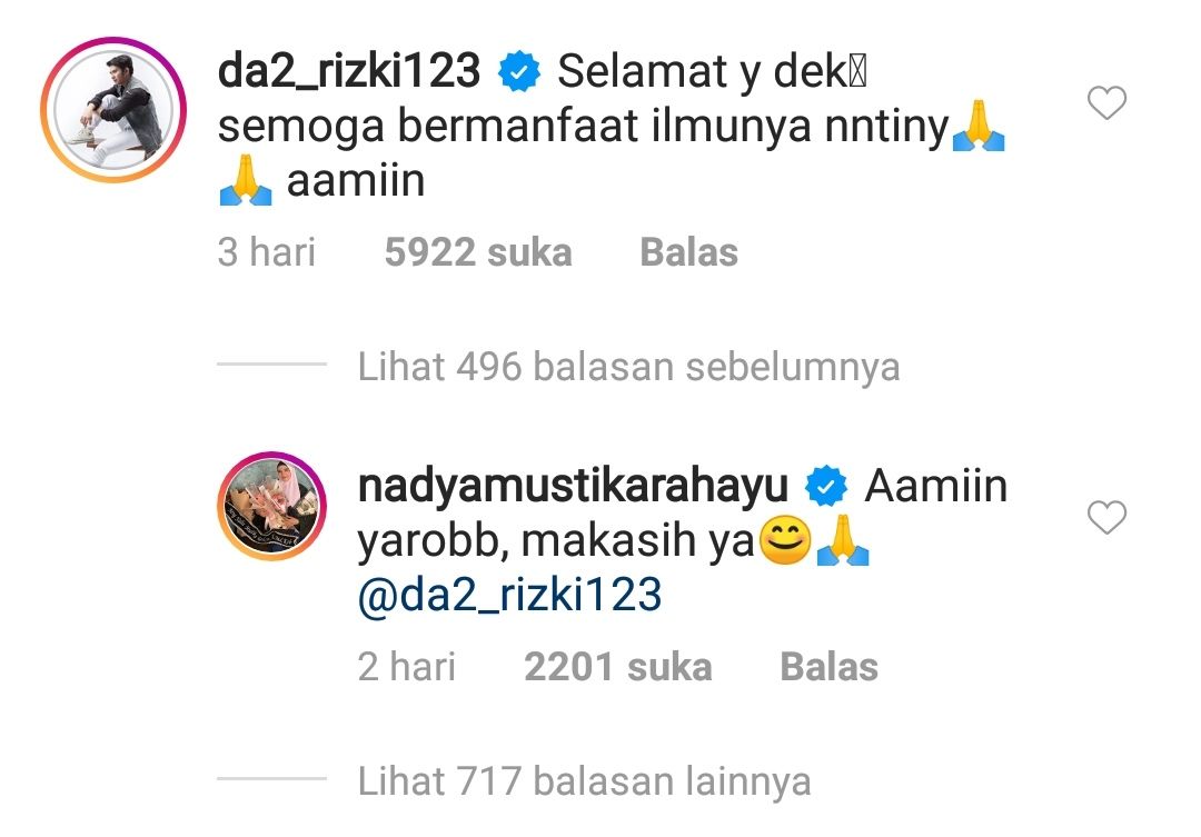 Tangkapan layar kolom komentar Instagram Nadya yang dikomentari Rizki DA. 