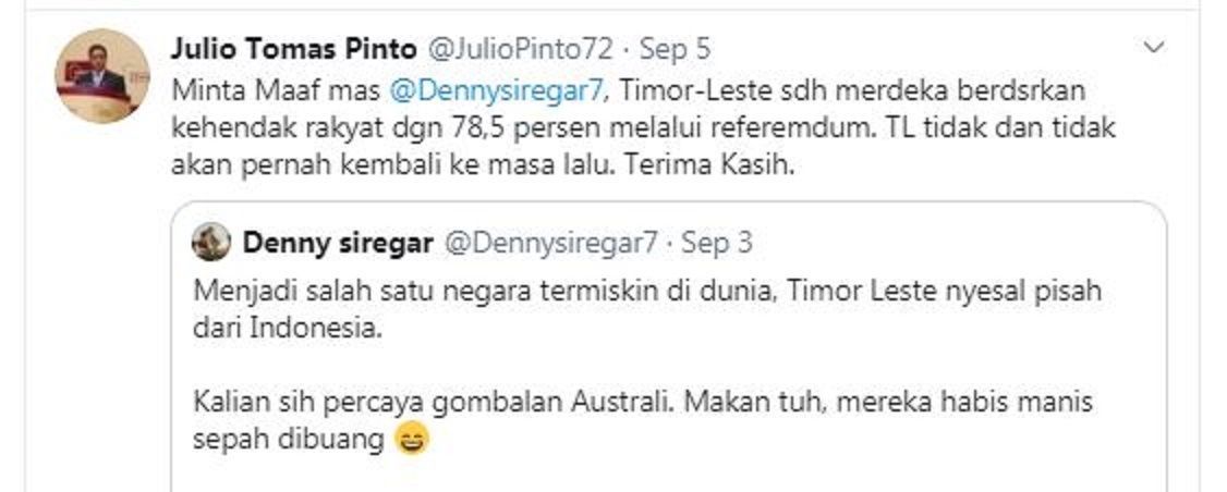 Tangkap layar di twitter.com/JulioPinto72 Timor Leste ke Indonesia. yang menyikapi kebisiangan medsos tentang ingin kembalinya