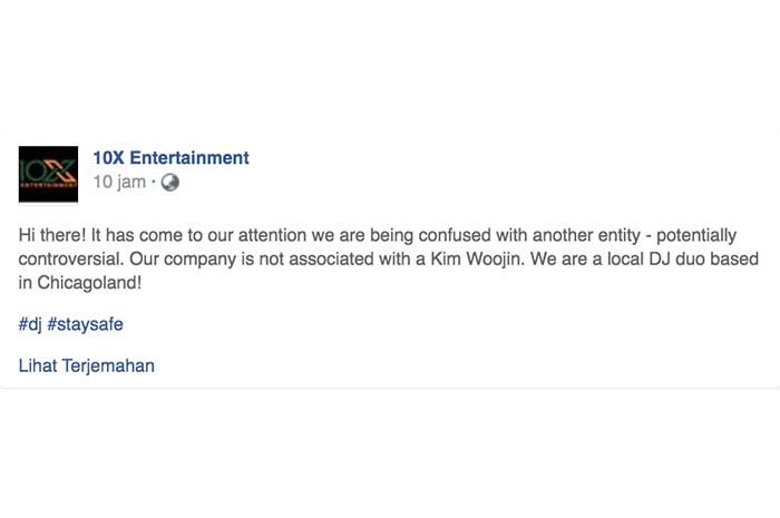 Klarifikasi 10X Entertainment soal Kim Woo Jin di Facebook.