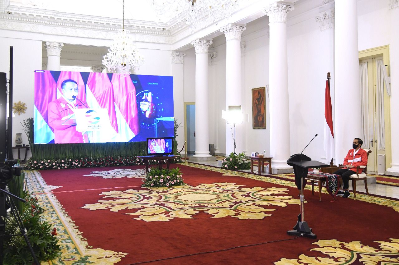 Presiden Jokowi saat menghadiri acara tersebut melalui konferensi video dari Istana Kepresidenan Bogor, Jawa Barat, pada Rabu, 9 September 2020.