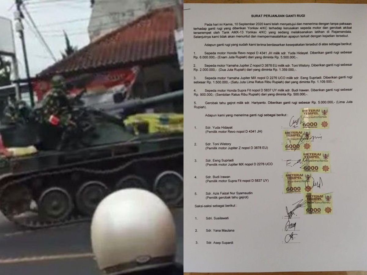 Ganti rugi yang dibayarkan TNI AD pada korban tabrak tank AMX-13. 