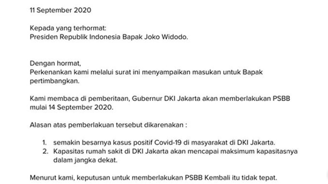 Surat Kepada Presiden Jokowi dari Budi Hartono.