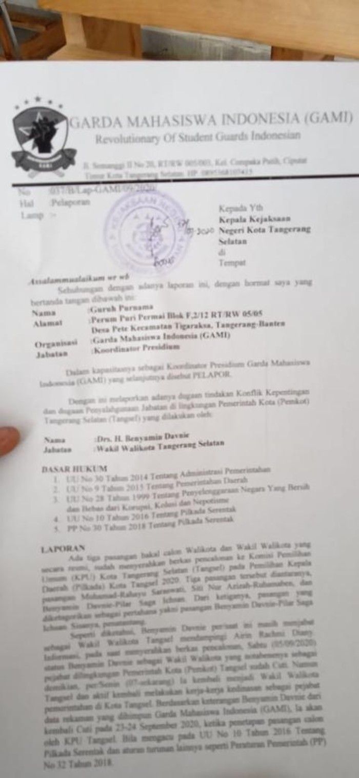 Surat Aduan dari  Garda Mahasiswa Indonesia (GAMI) ke Kejaksaan Negeri Kota Tangerang Selatan