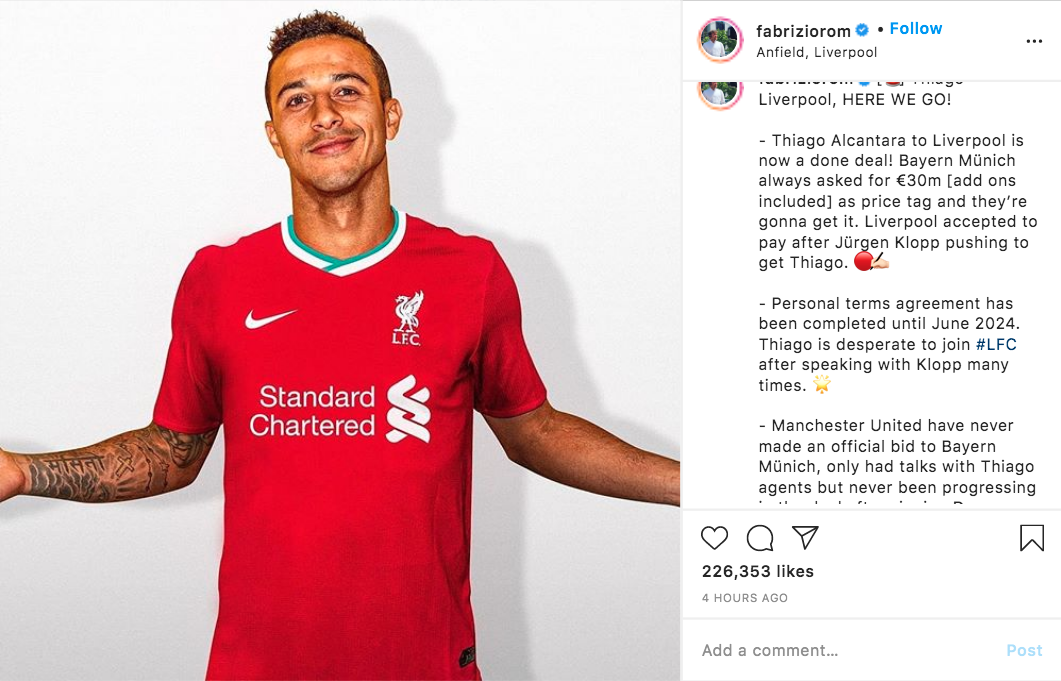Tangkapan Layar Instagram Fabrizio Romano