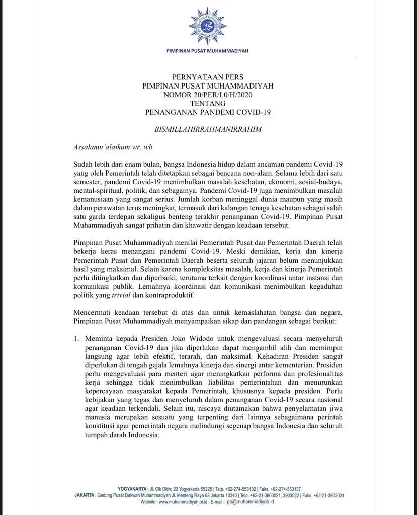 Pernyataan pers PP Muhammadiyah./Twitter.com/@Muhammadiyah