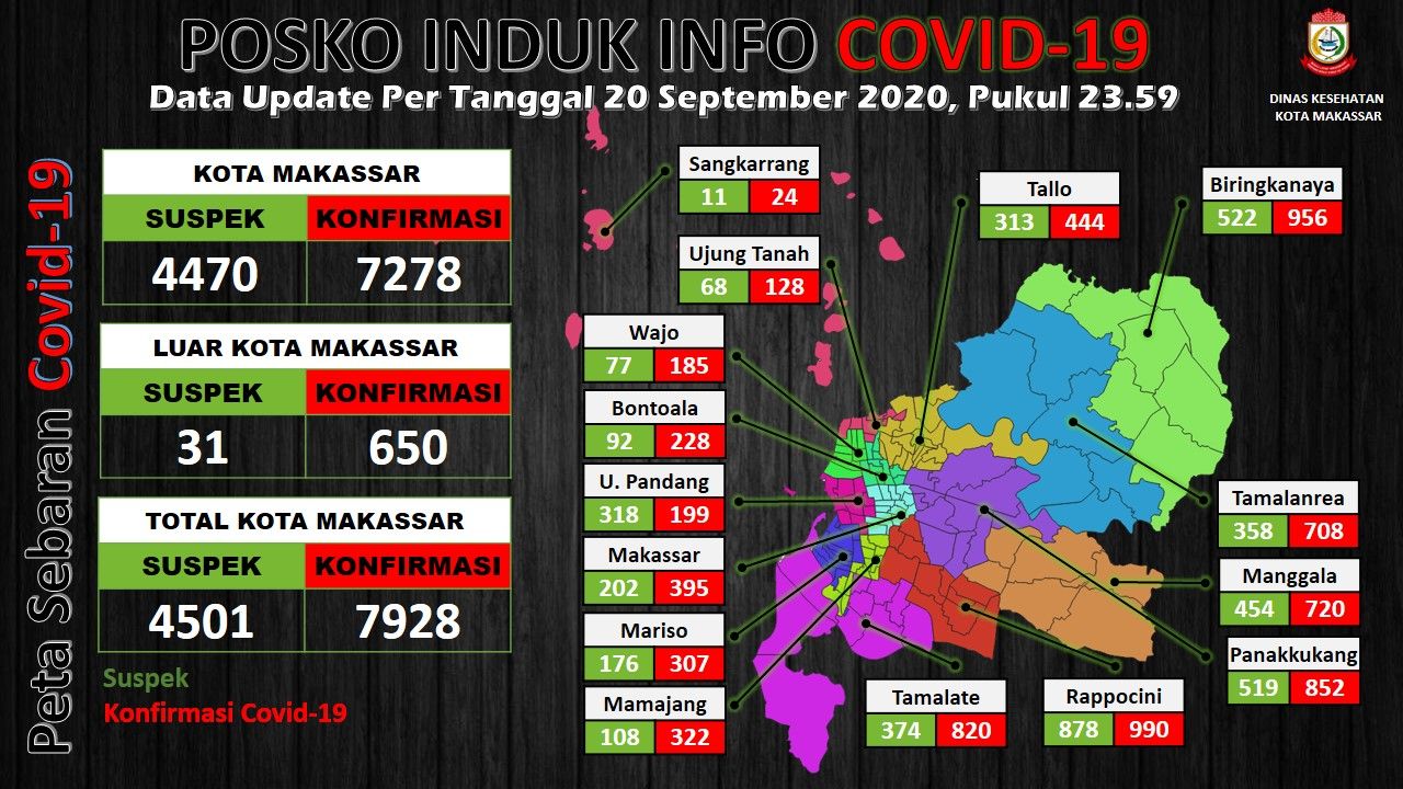 Peta sebaran Covid-19 di Makassar per 20 September 2020.