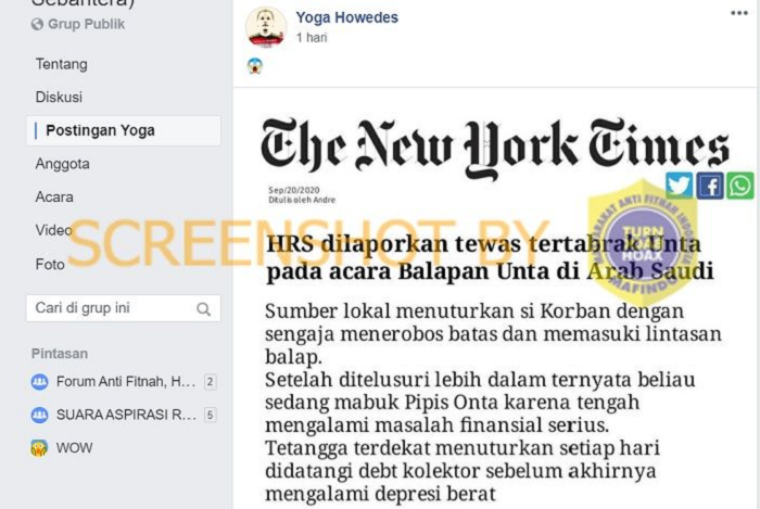 Berita menyesatkan atau hoaks unggahan akun Facebook Yoga Howedes.