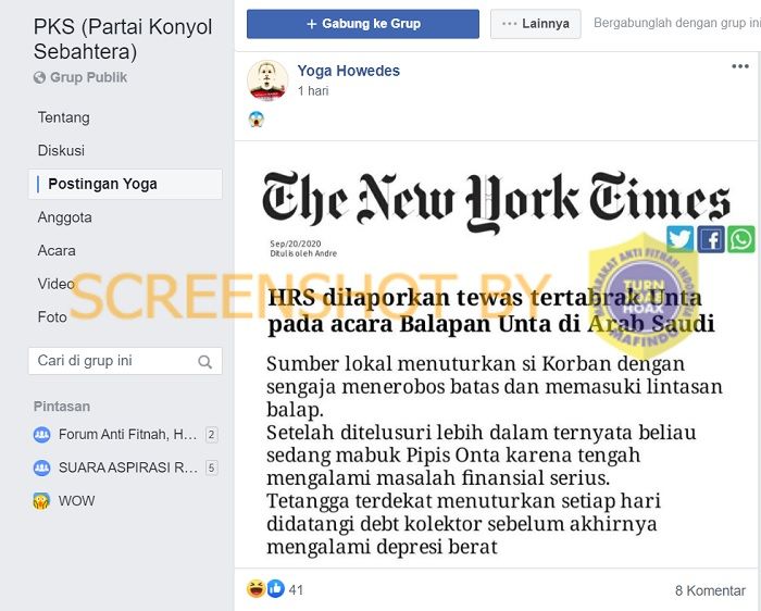Tangkapan layar informasi hoaks yang beredar di media sosial Facebook.