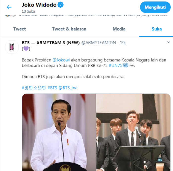 TANGKAPAN layar akun Twitter Jokowi menyukai cuitan salah satu fanbase BTS, ARMY.*