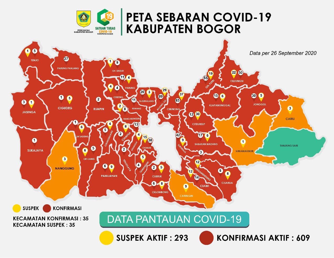 Peta sebaran Covid-19 di Kabupaten Bogor per Sabtu 26 September 2020