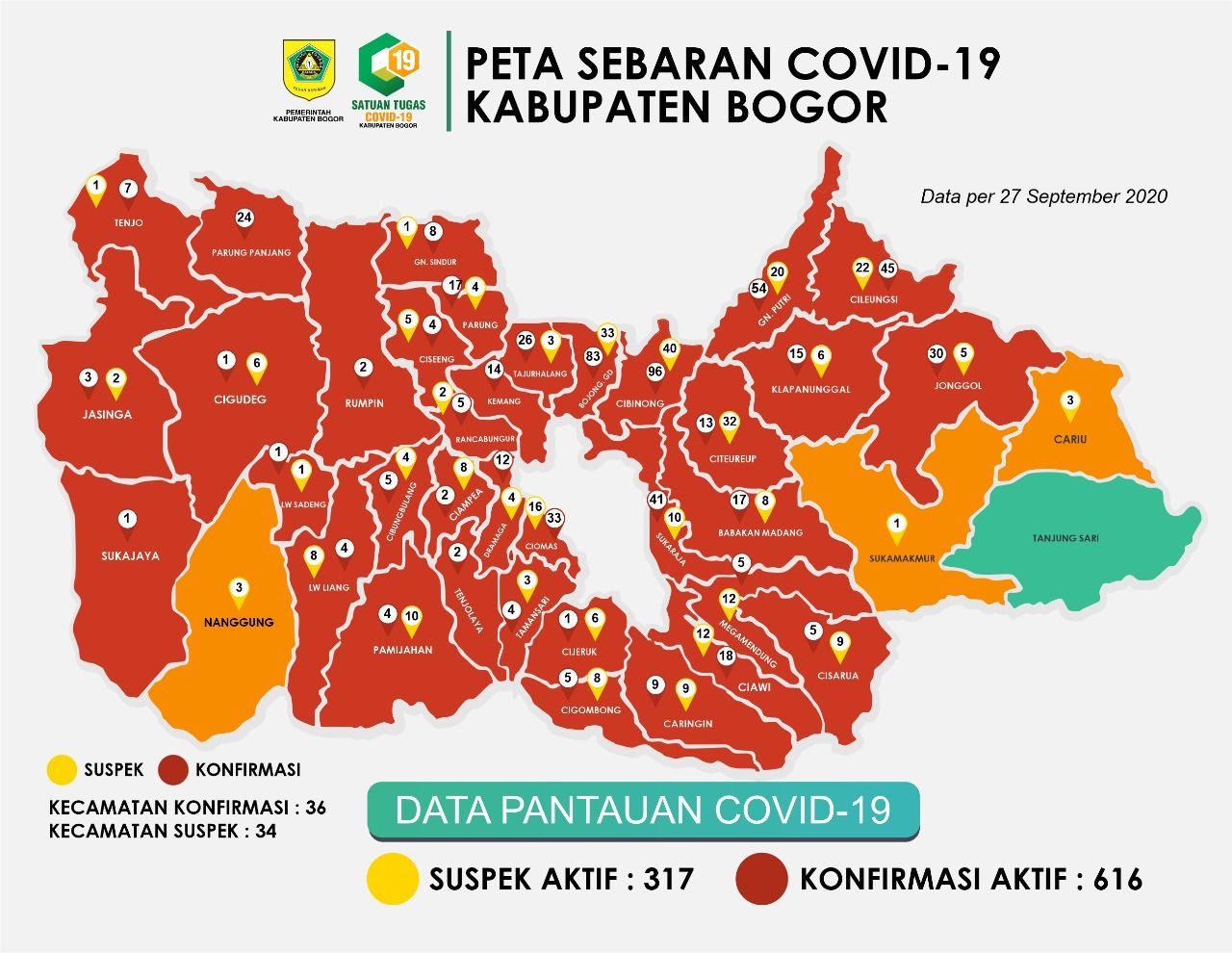 Peta sebaran Covid-19 Kabupaten Bogor, Minggu 27 September 2020