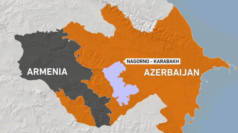 Ilustrasi peta yang menampilkan wilayah Armenia (hitam), Azerbaijan (orange), serta wilayah sengketa Nagorno-Karabakh (putih).* /Al Jazeera/
