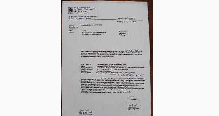 Surat palsu yang dibawa oknum yang mengaku sebagai petugas PLN.