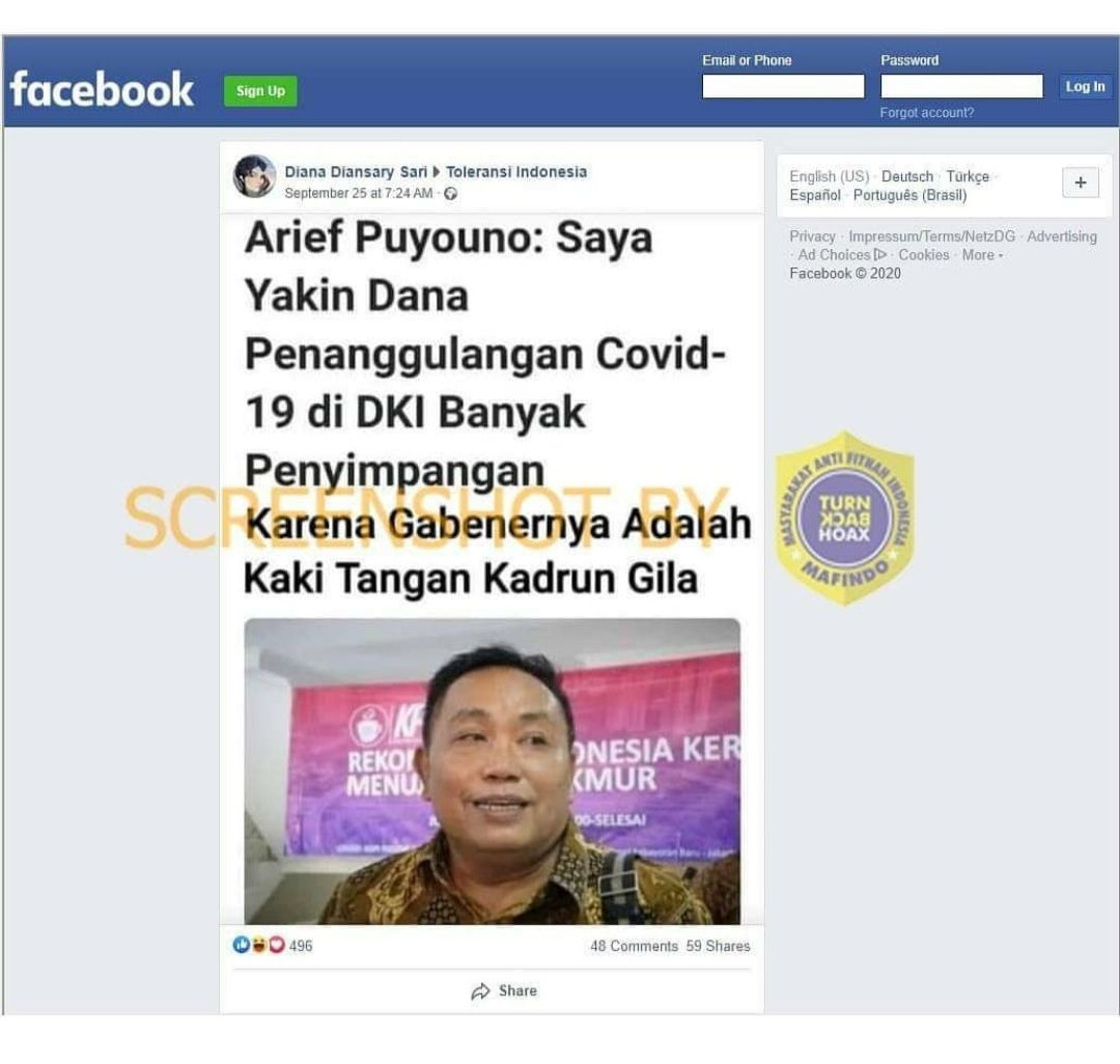 Informasi hoaks yang menyudutkan Arief Puyouno.