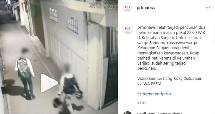 Tangkap layar unggahan laporan warga terkait pencurian helm di Sarijadi, Kota Bandung, Sabtu 26 September 2020.