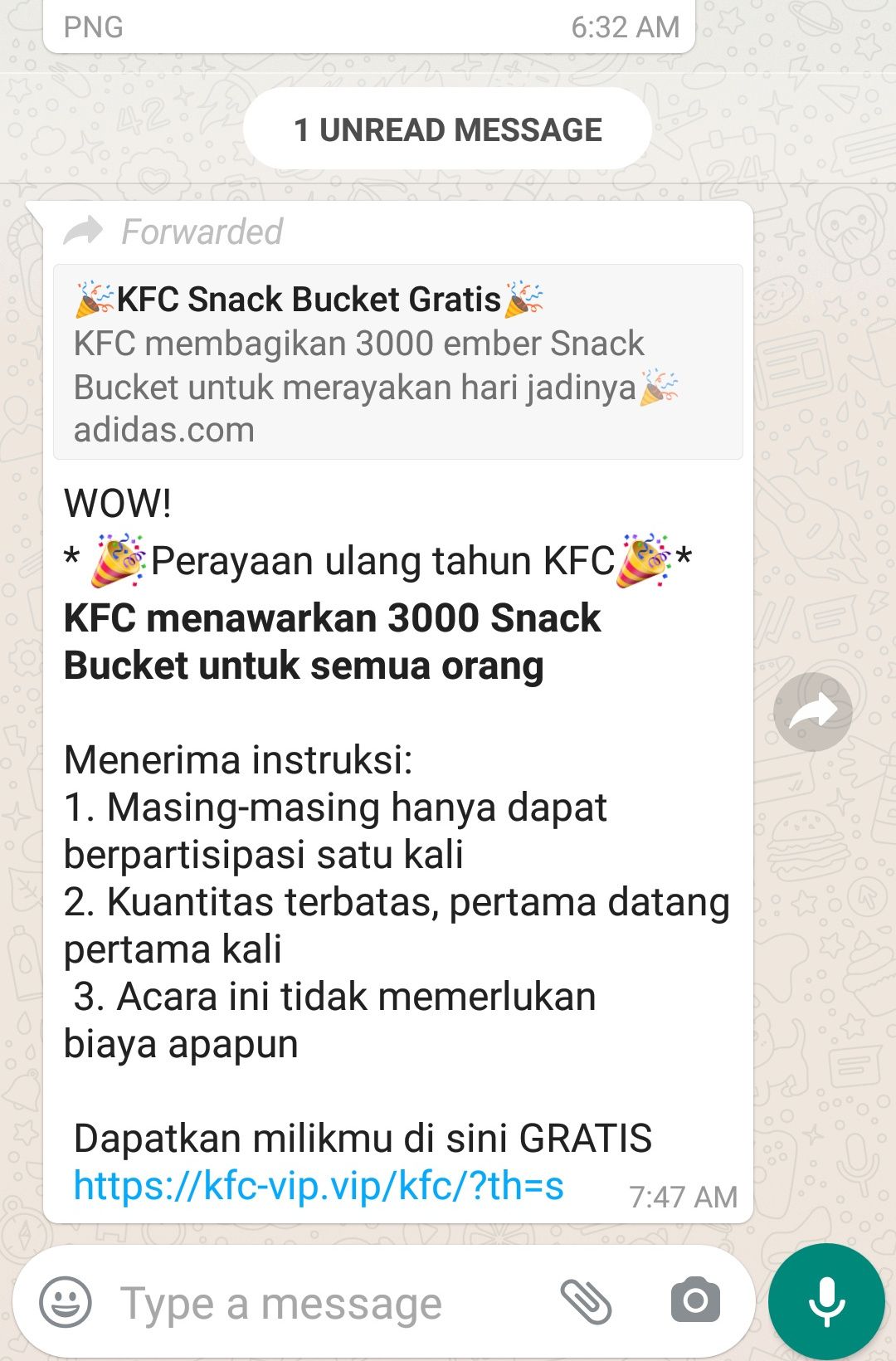 Hati-Hati ! Beredar di Grup WA Penipuan Ulang Tahun KFC Menawarkan 3000 Snack Bucket  Gratis Untuk Semua Orang, Ingat Jangan Klik Link Ini 