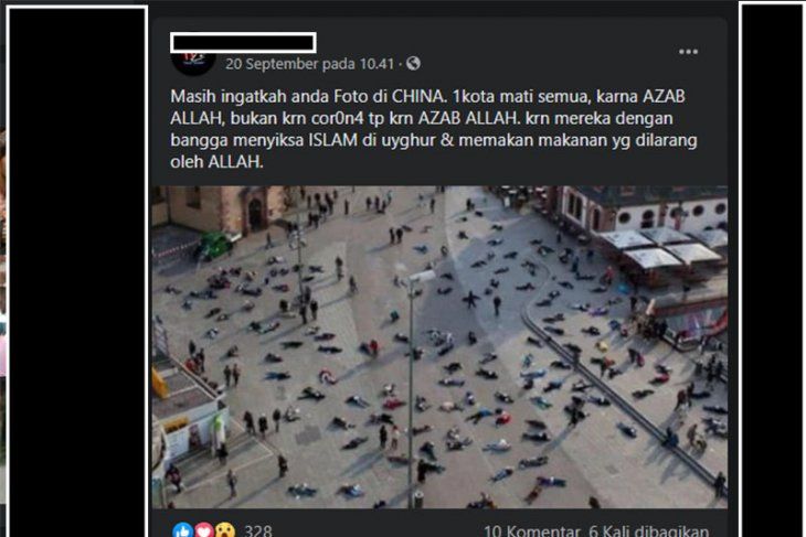 Unggahan foto di Facebook yang diklaim merupakan mayat orang Tiongkok yang mati karena azab.
