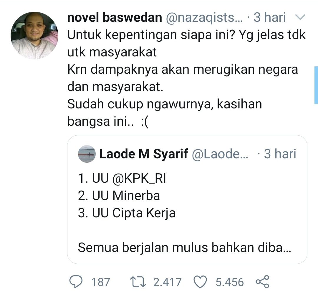 komentar Novel Baswedan kepada akun twitter Laode M Syarif