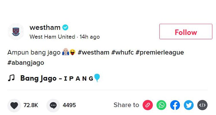 Tangkapan layar postingan TikTok West Ham United