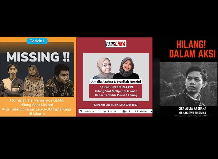 Sejumlah aktivis pers kampus dilaporkan juga hilang dalam kerusuhan aksi menolak pengesahan Omnibus Law UU Cipta Kerja, Kamis 8 Oktober 2020 di Jakarta. 