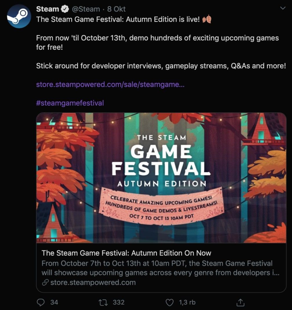 Screenshot pengumuman Steam Game Festival Autumn Edition. (Twitter/@Steam)